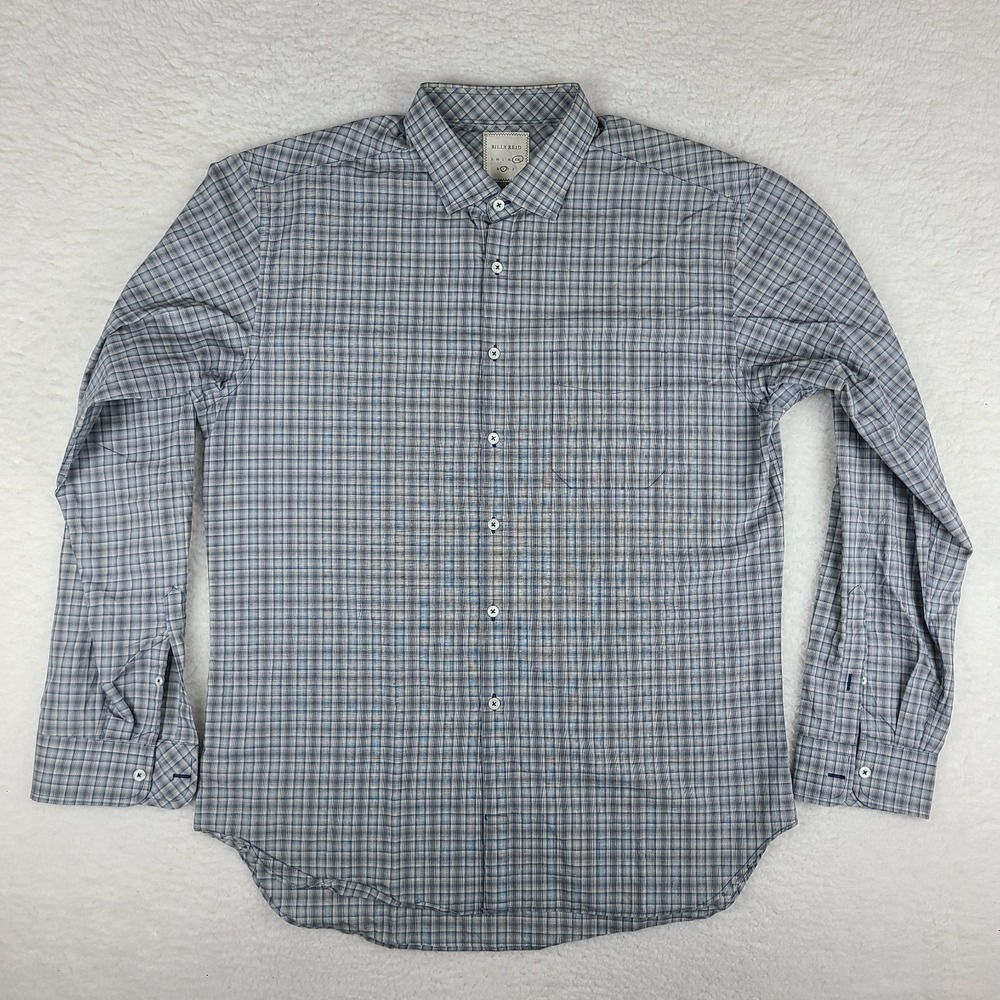 Billy Reid Shirt Mens 2XL XXL Blue Gray Plaid Fit 1 Dress Button Up
